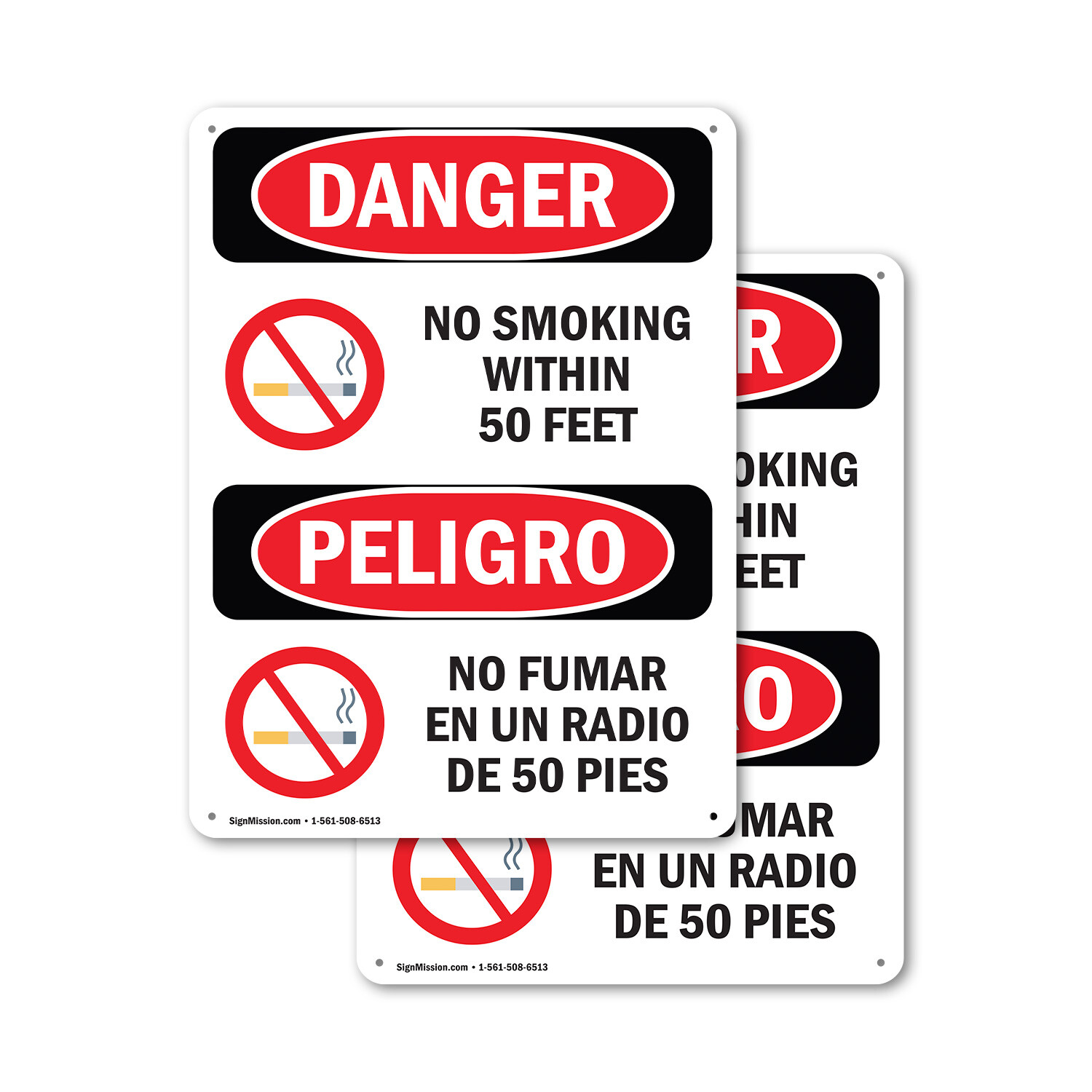 (2 Pack) No Smoking Within 50 Feet Bilingual OSHA Danger Sign Decal Metal