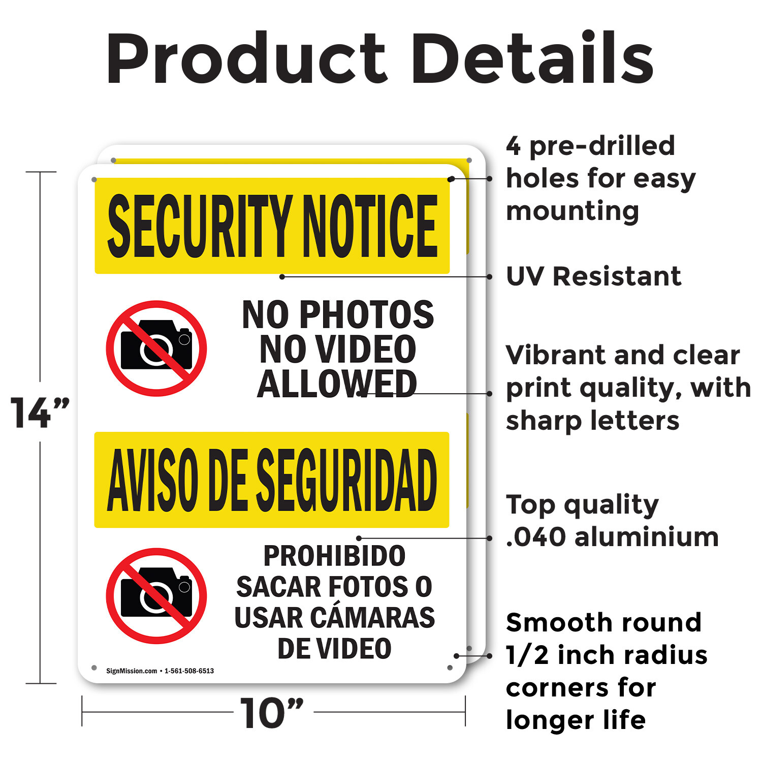 (2 Pack) No Photos Or Video Bilingual OSHA Security Notice Sign Decal Metal