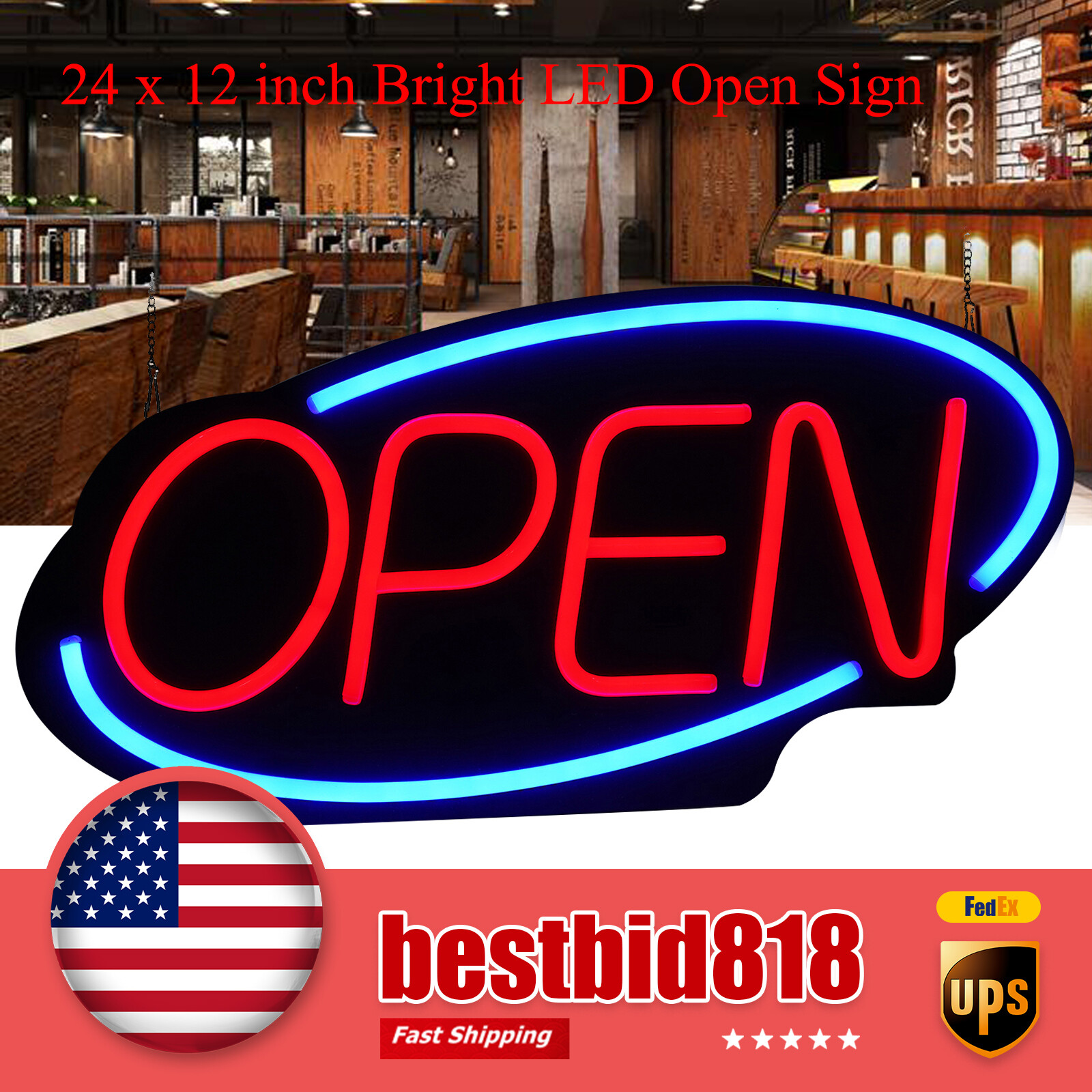 24 x 12 inch Bright LED Open Sign Neon Light for Restaurant Bar Shop Store Club