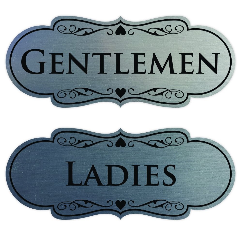 2-Pack Large Silver “LADIES GENTLEMEN” Designer Restroom Sign Set for Office