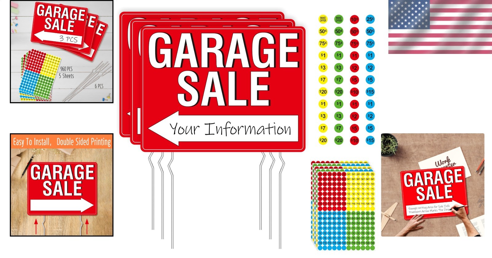 3 Pack Garage Sale Signs Double Sided w/ Stakes & Labels, Neon Plastic