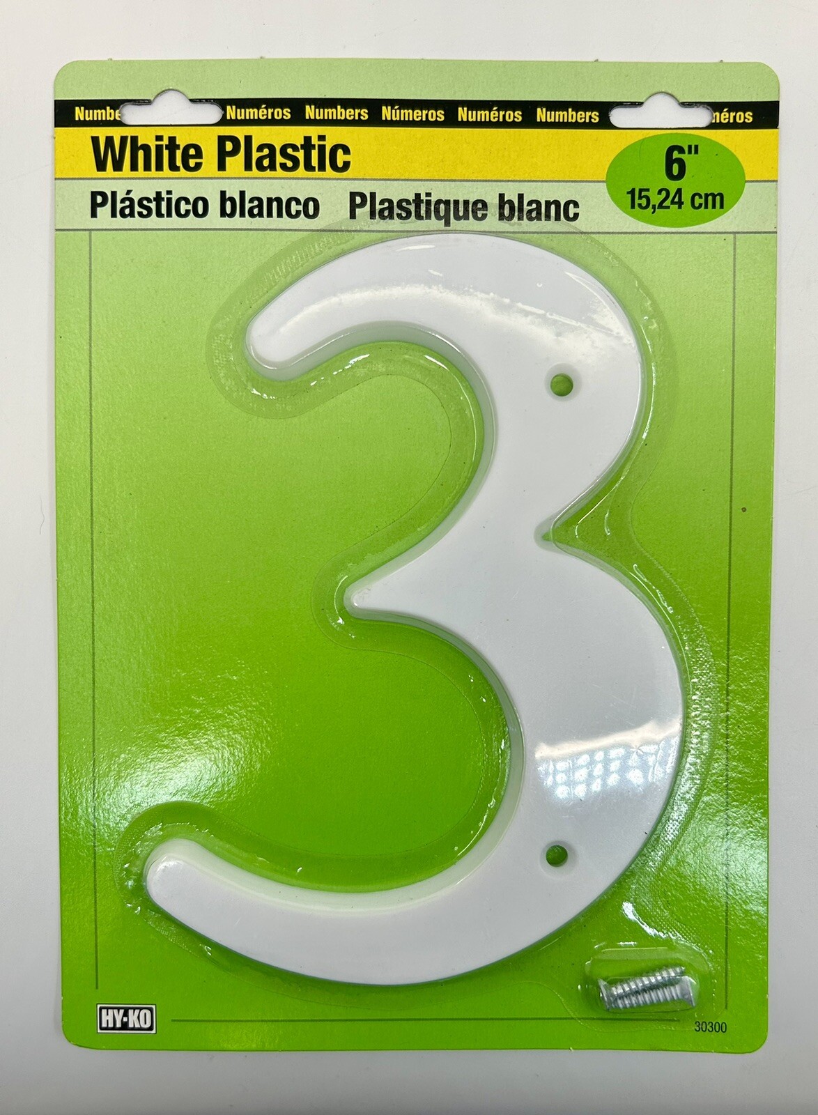 Hy-Ko 6 In. White Plastic Number 3 (Three) with Mounting Screws | New