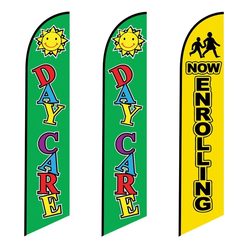 3 (three) Tall Swooper Feather Flags 1 Now Enrolling And 2 Day Care windless…