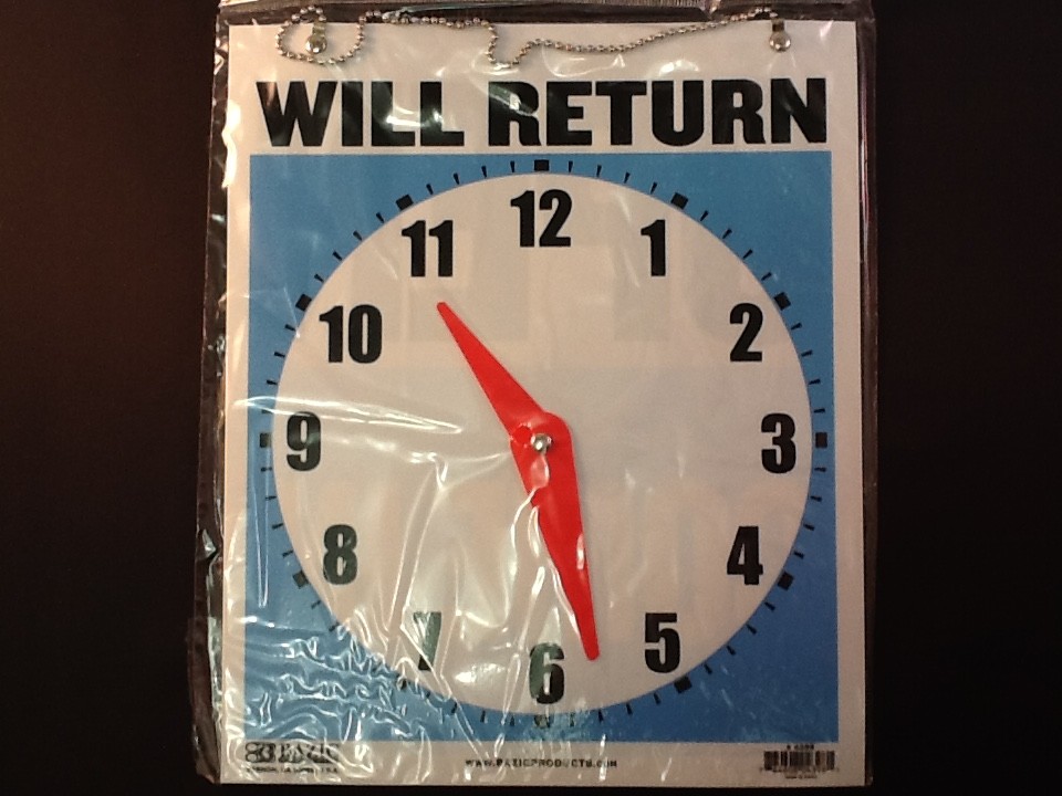 2 Open Closed Will Return Sign Clock Chain 2 sided 9″ X 7″ W 2 FREE SUCTION CUP_