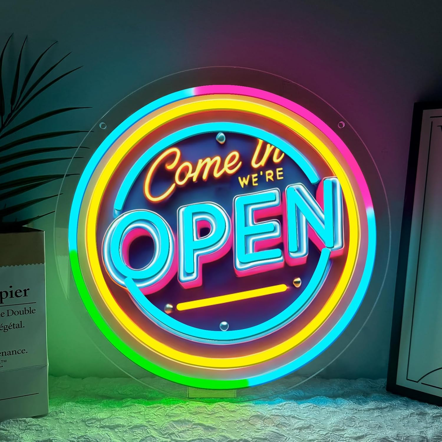 Neon LED Come in WE’RE OPEN Sign for Business, 13X13” w/ Dimmable On/Off Switch