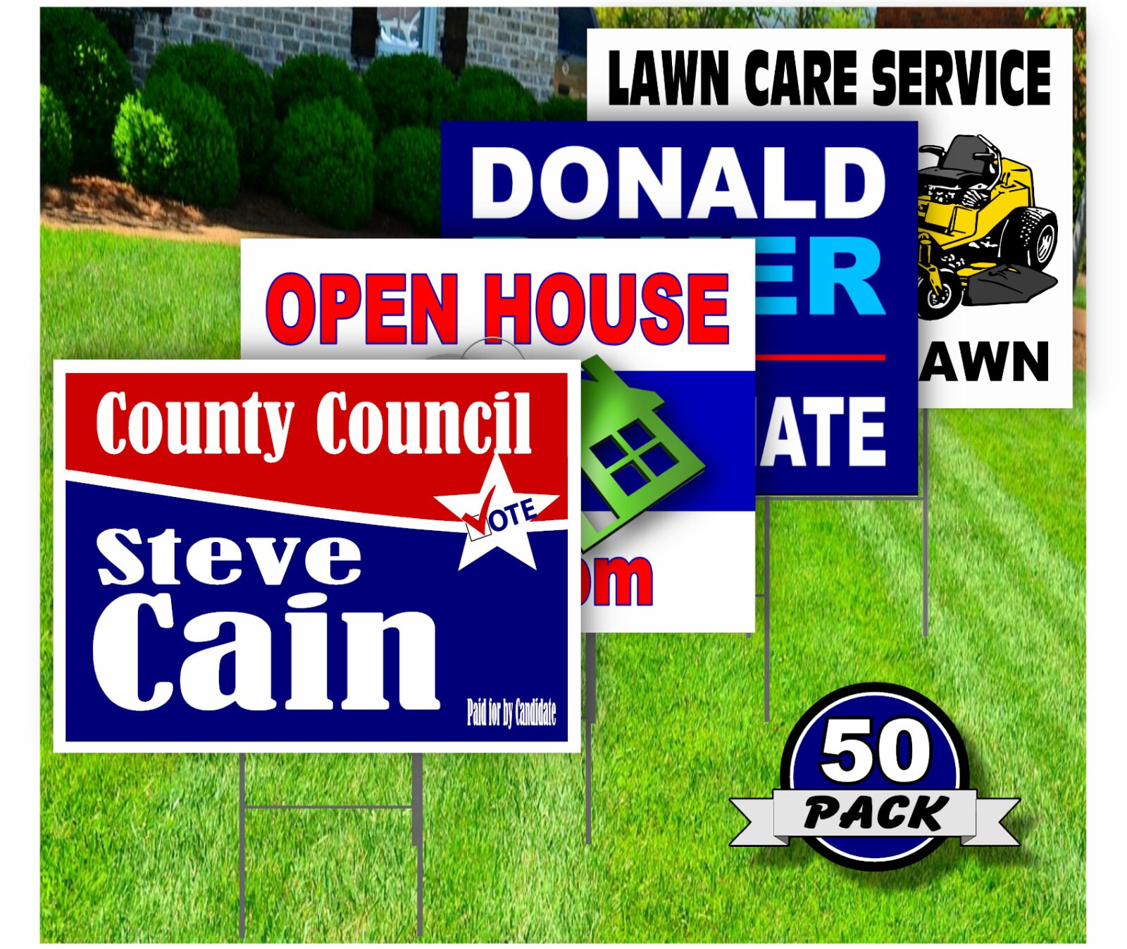 50 Pack – Custom Yard Signs-18×24-Full Color Design-Double Sided-Stakes Optional