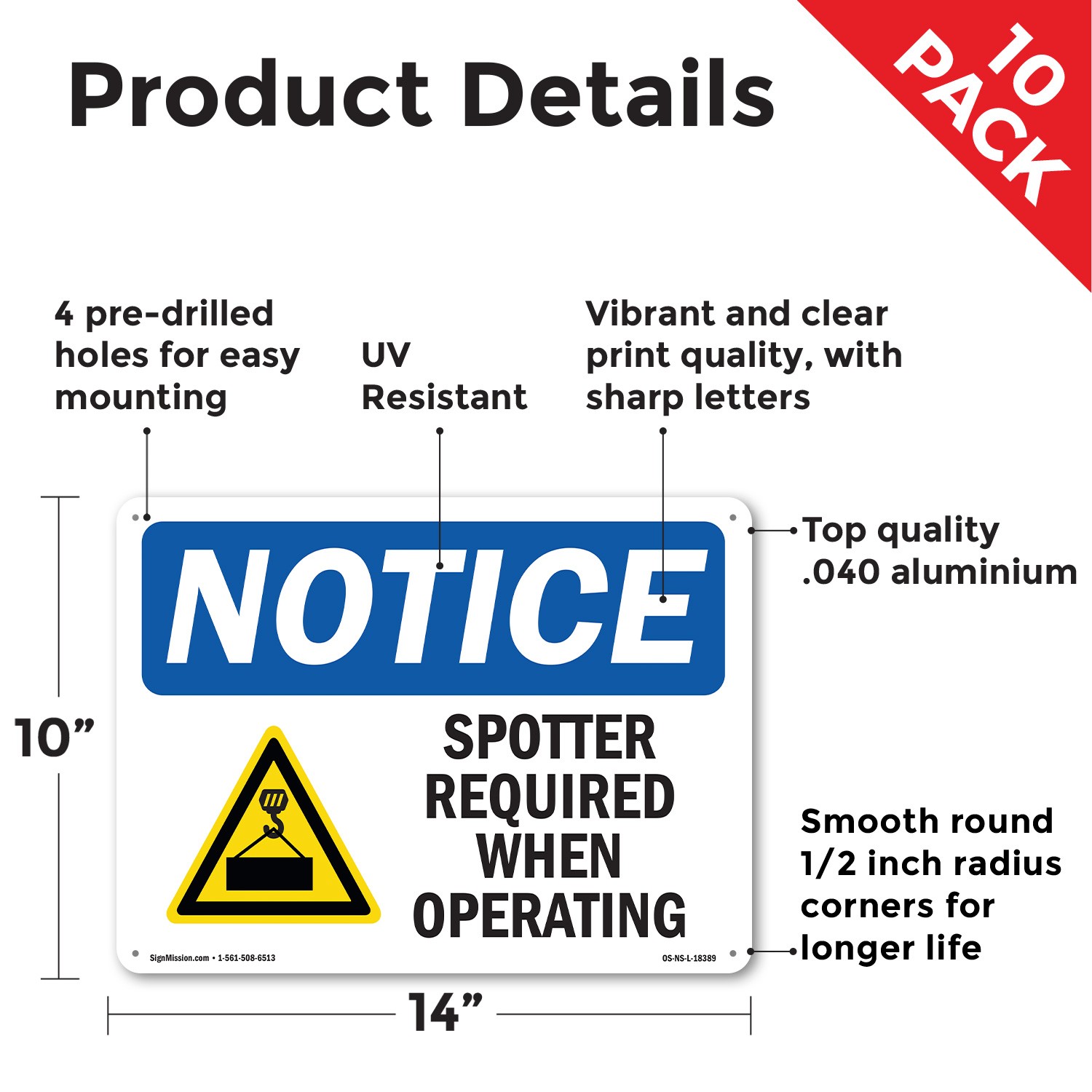 Spotter Required When Operating OSHA Notice Sign Metal,, Decal 5 or 10 Pack