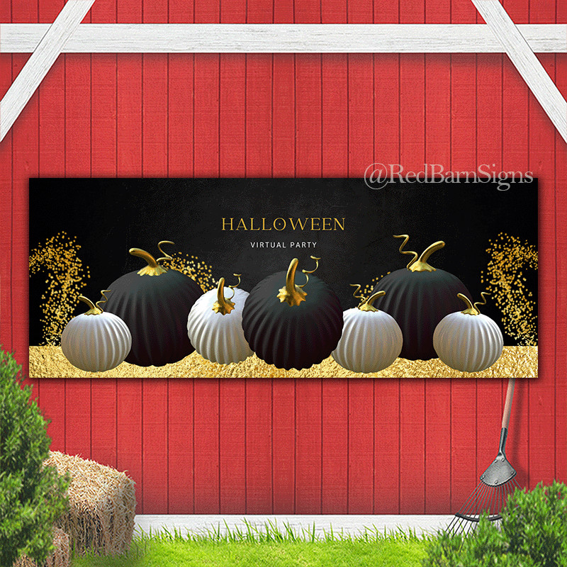 Halloween virtual party white and black pumpkins banner