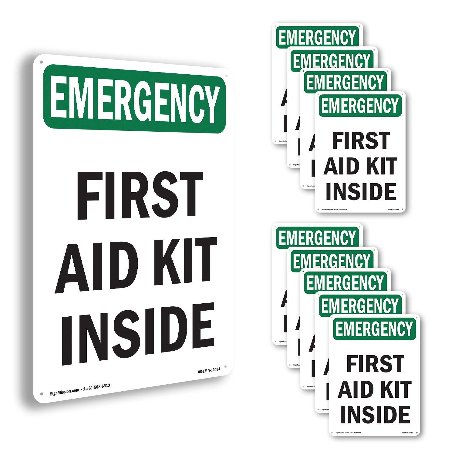 First Aid Kit Inside OSHA Emergency Sign Metal, Plastic, Or Decal – 5 or 10 Pack