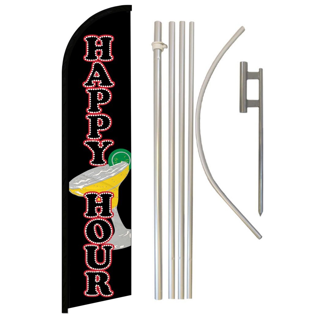 Happy Hour Windless Banner Swooper Advertising Flag Pole Kit Alcohol Bar Service