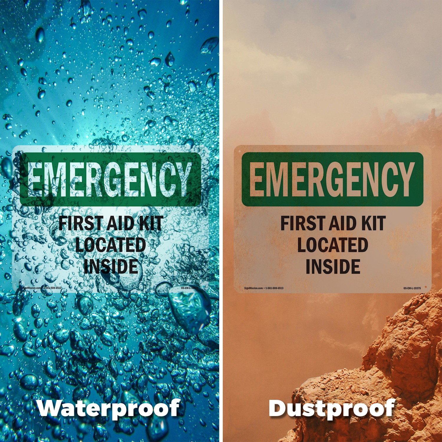 First Aid Kit Located Inside OSHA Emergency Sign Metal,, Decal 5 or 10 Pack