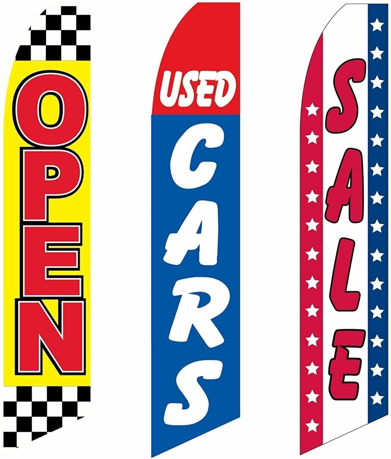 Three Swooper Flag Combo Open Used Quality Cars Sale Red Yellow Black Blue White