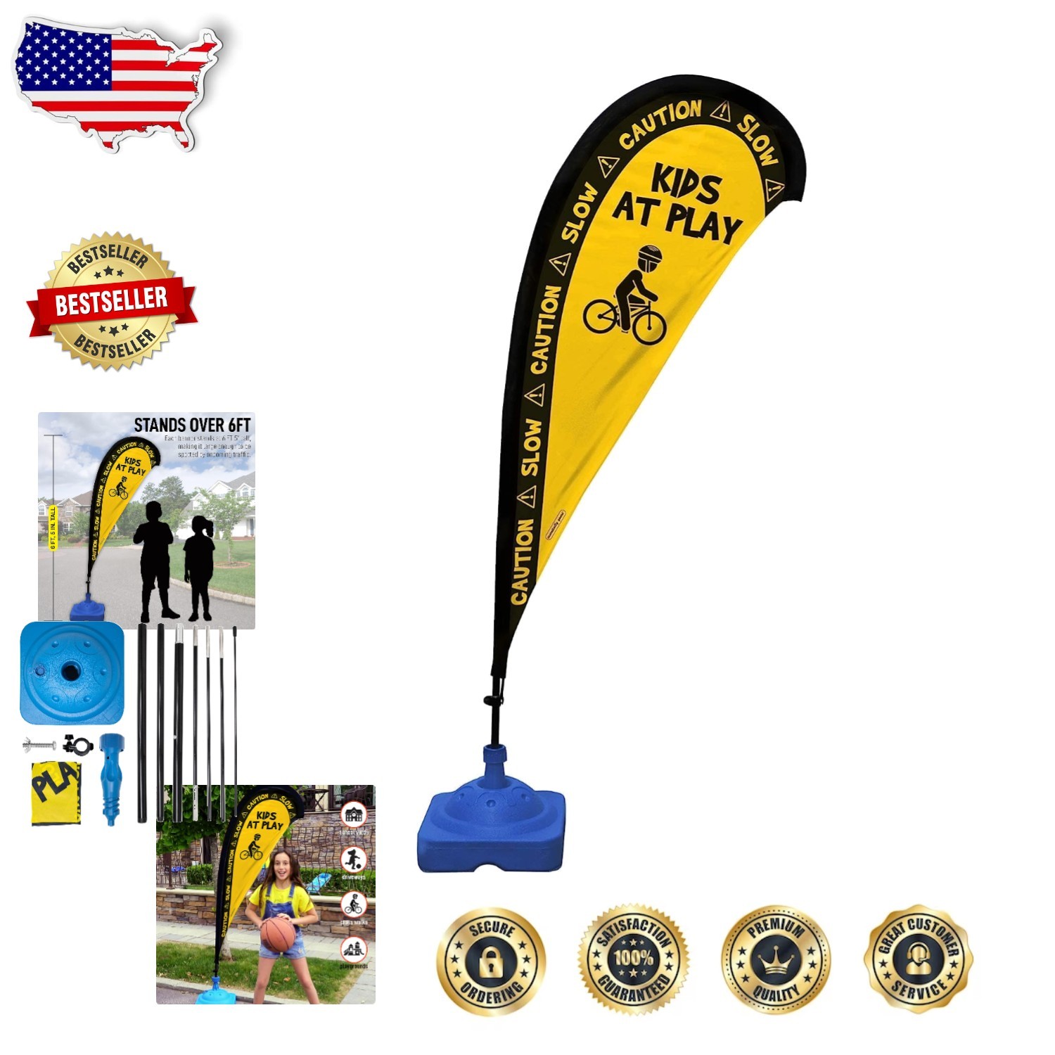 Yellow Kids at Play Safety Banner Flag – Durable Fiberglass Poles, Weighted Base