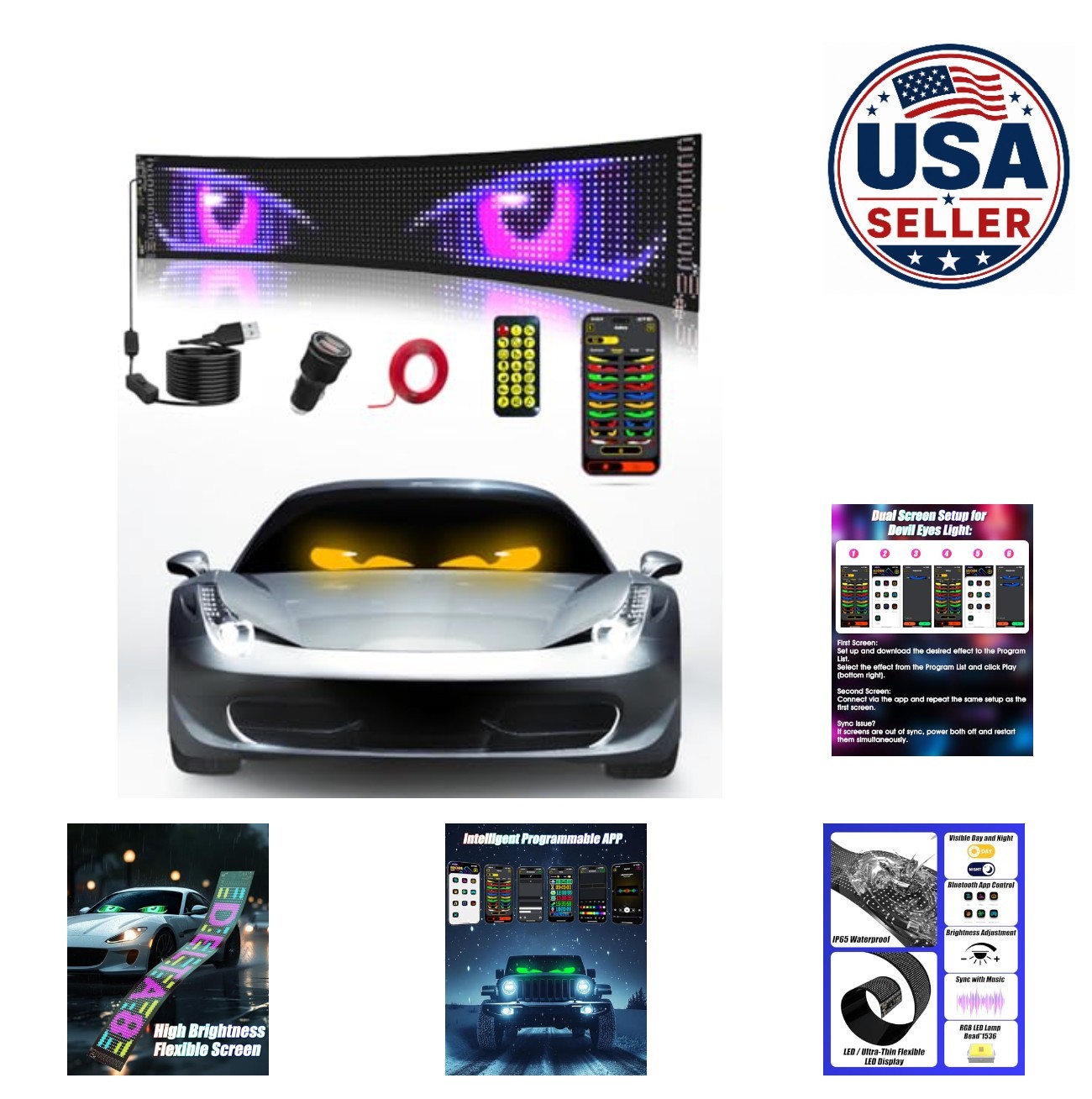 Programmable LED Sign 23.4×4.7 Inch APP Control 5V USB Remote Car Windshield