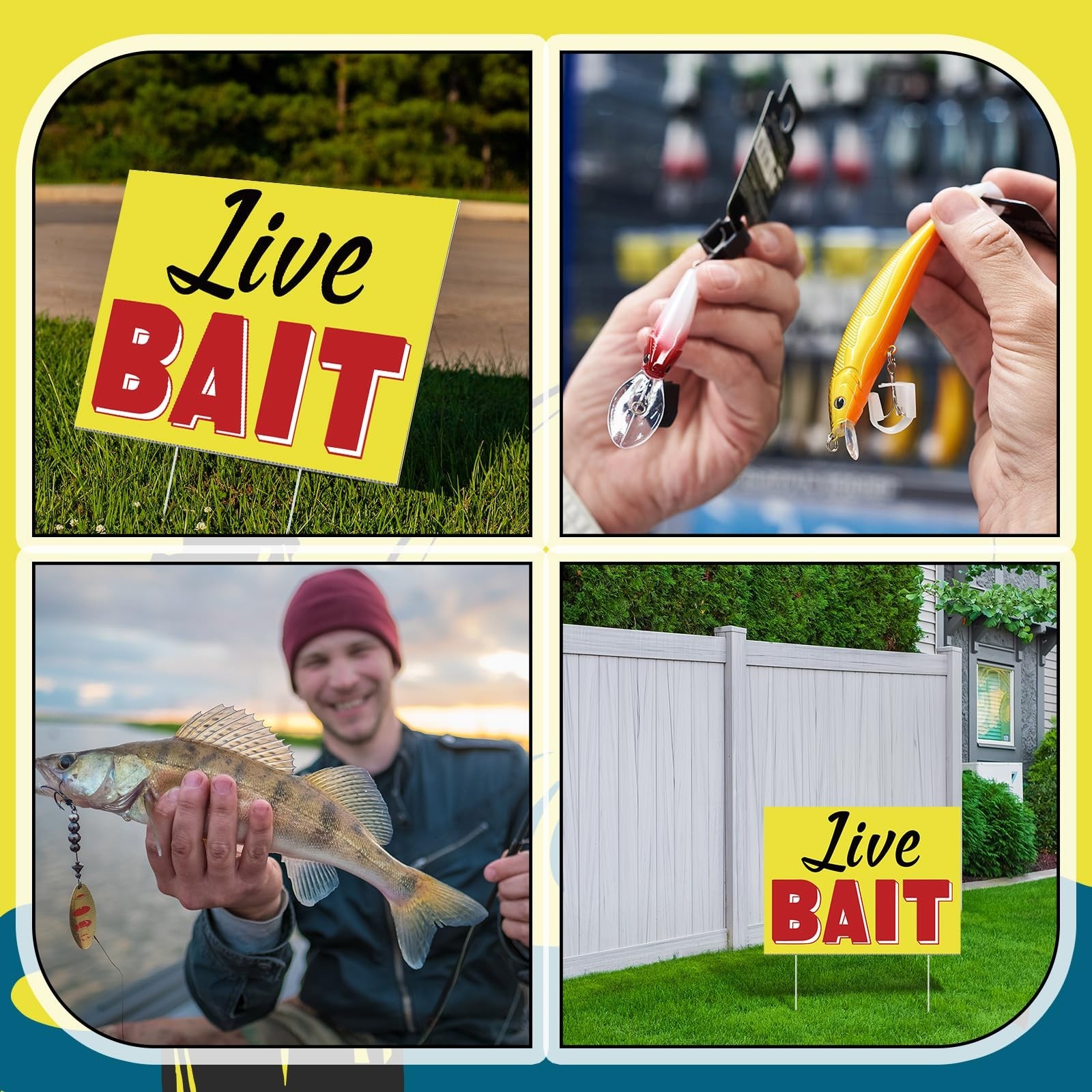 3 Pack Live Bait Yard Signs with Stakes – Double Sided Weatherproof Lawn Adverti