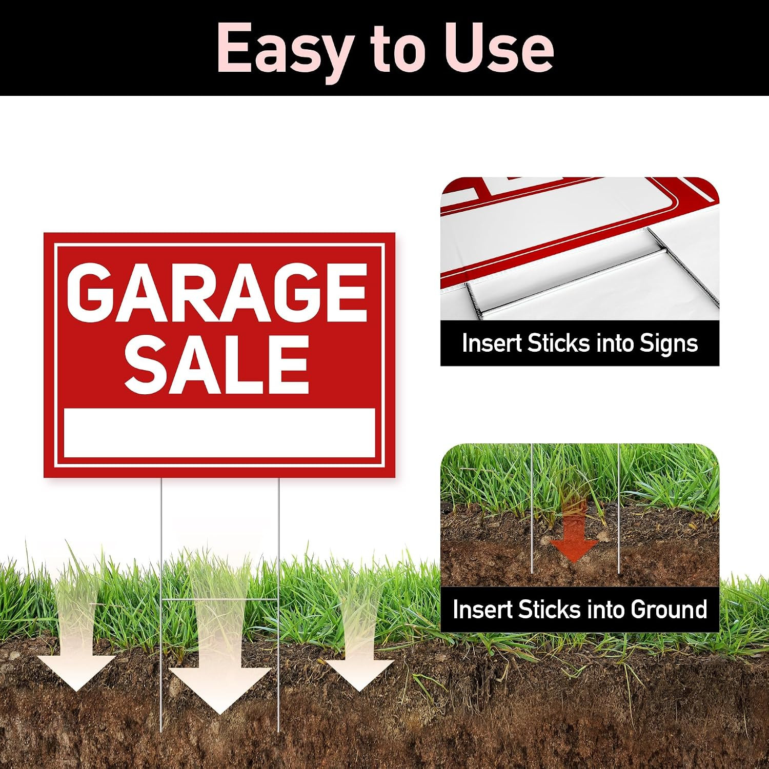 Garage Sale Signs with Stakes 6PC Double Sided Waterproof Yard Sign Set w/Arrows