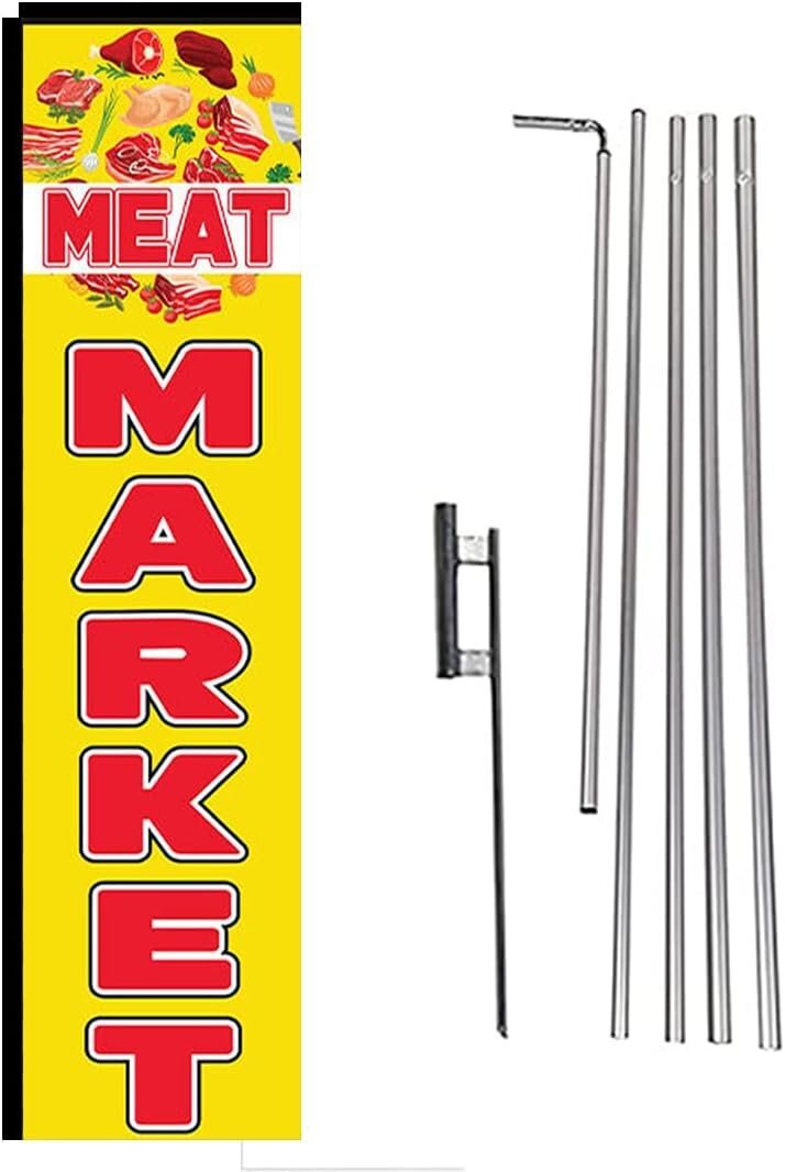 Meat Market Advertising Rectangle Feather Banner Swooper Flag Sign with Flag…