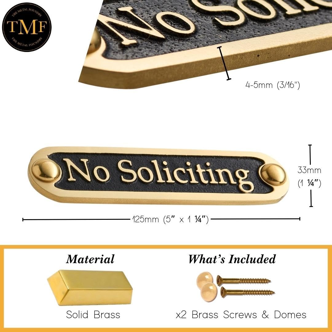 No Soliciting Brass Door Sign. Traditional Style Home Décor Wall Plaque