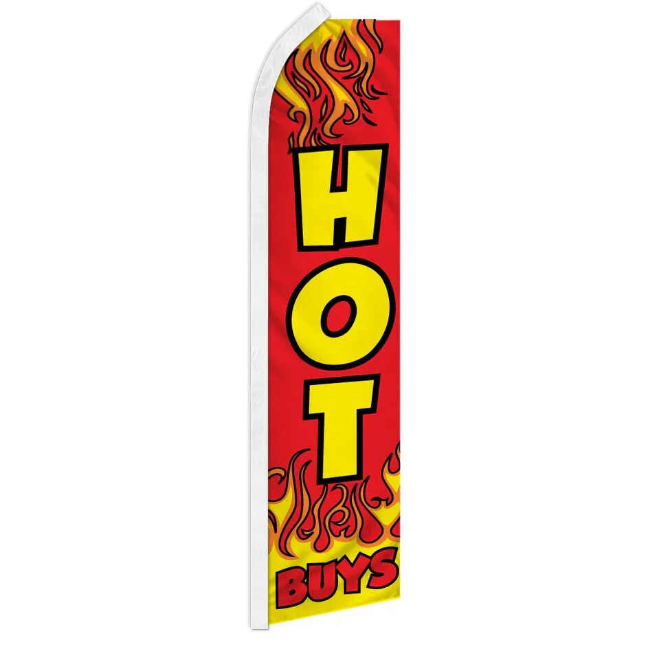 Hot Buys (Red) Swooper Advertising Banner Flag for Retail Huge Sales & Discounts