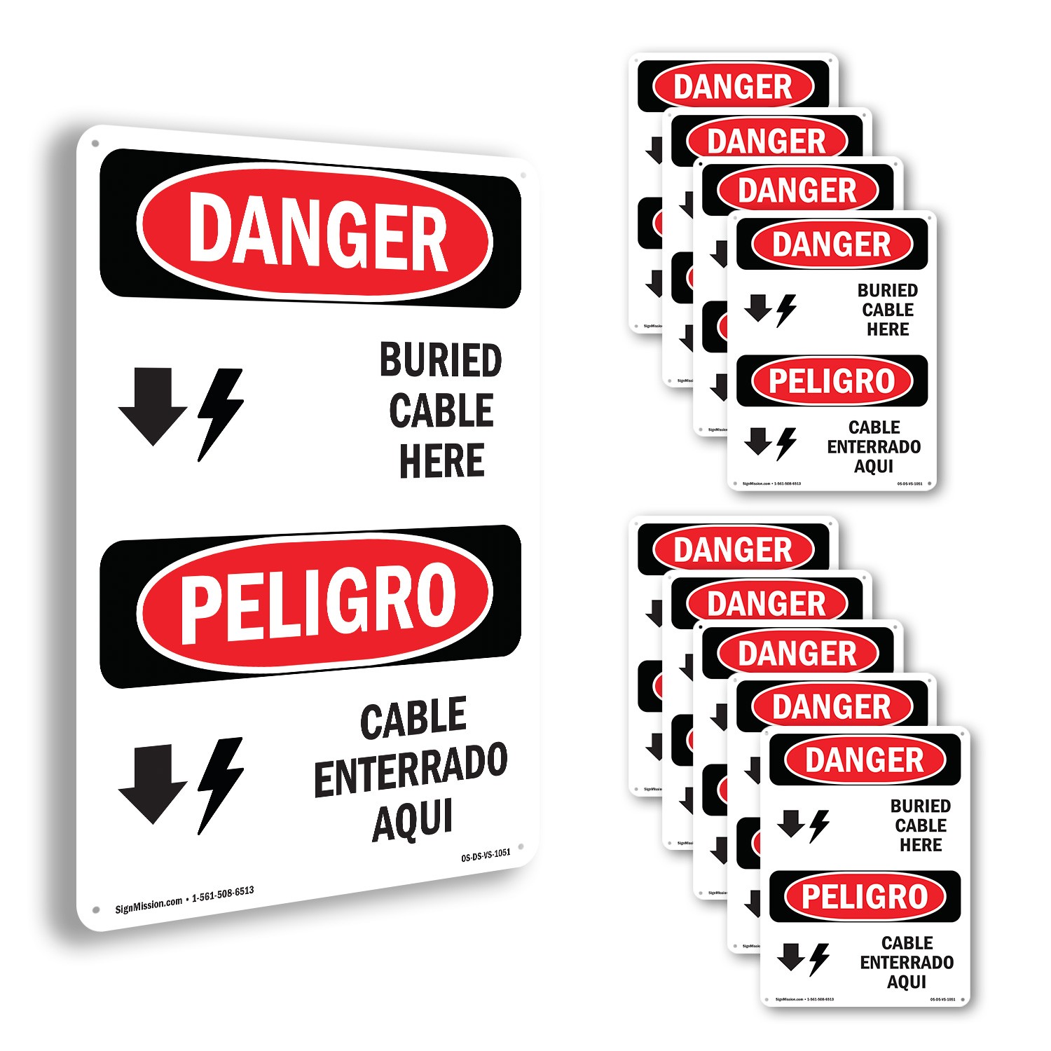 Cable Buried Here Bilingual OSHA Danger Sign Metal, Plastic, Decal 5 or 10 Pack