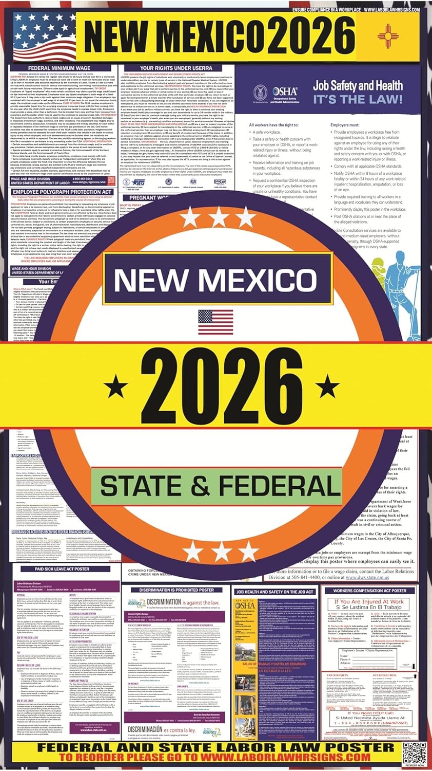 2026 New Mexico (NM) Labor Law Poster OSHA Federal State Laminated English
