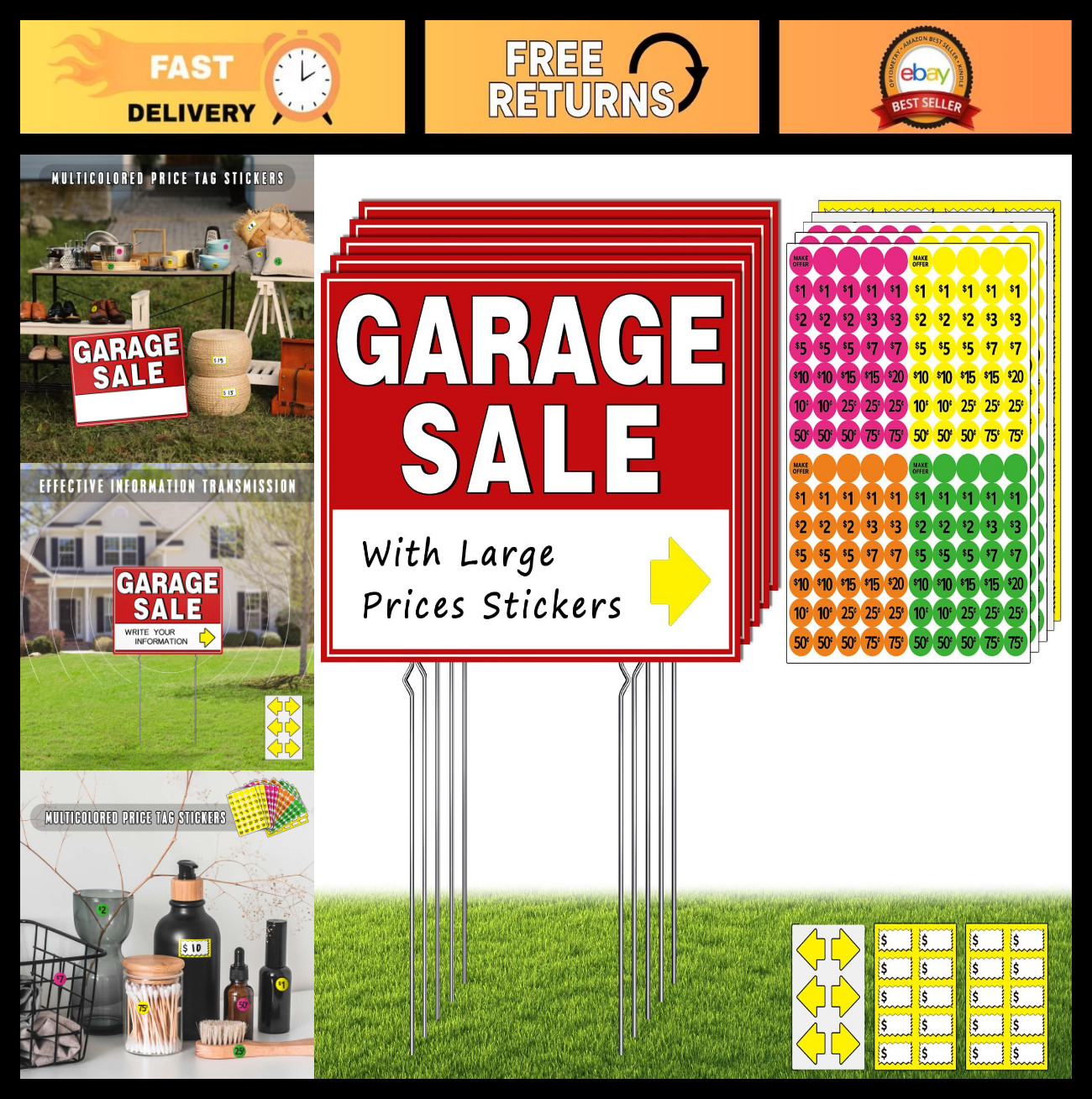 Garage Sale Kit – 10 Pcs, 5 Weatherproof Signs & Price Stickers, Directional Arr