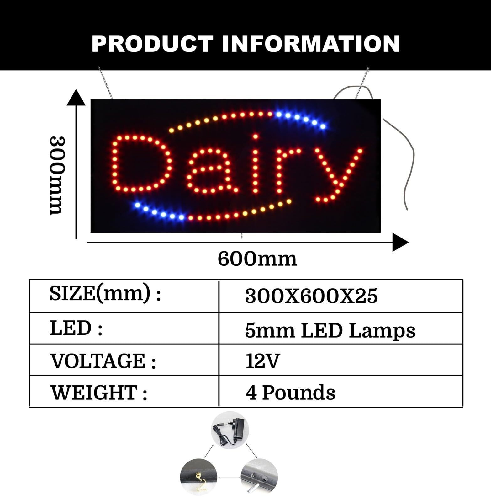 LED Dairy Sign for Retail Business Displays | Light Up Sign | 12″H x 24″W x 2″D