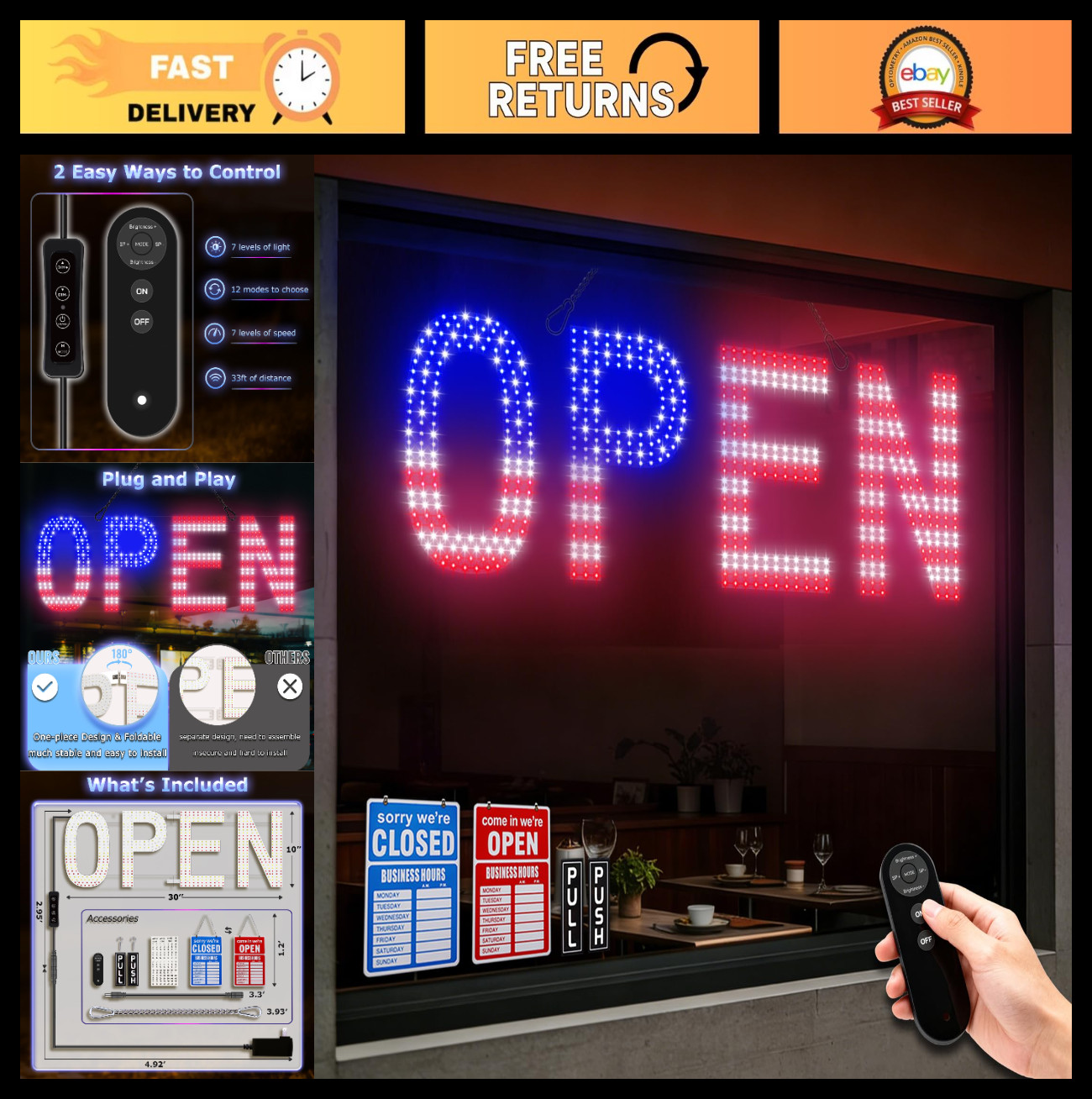 Large LED Open Sign for Business 30″x10″, Remote Control, 12 Scene Modes, Dimmab