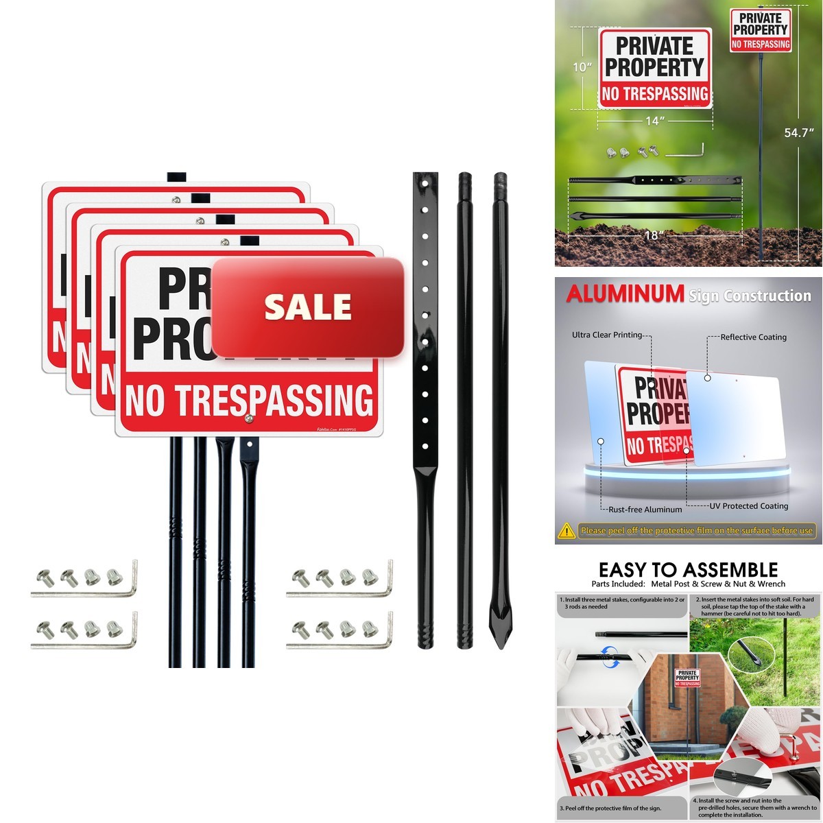 Faittoo 1410PPSG No Trespassing Sign Private Property 14″x10″ 54″ Stake 4 Pack