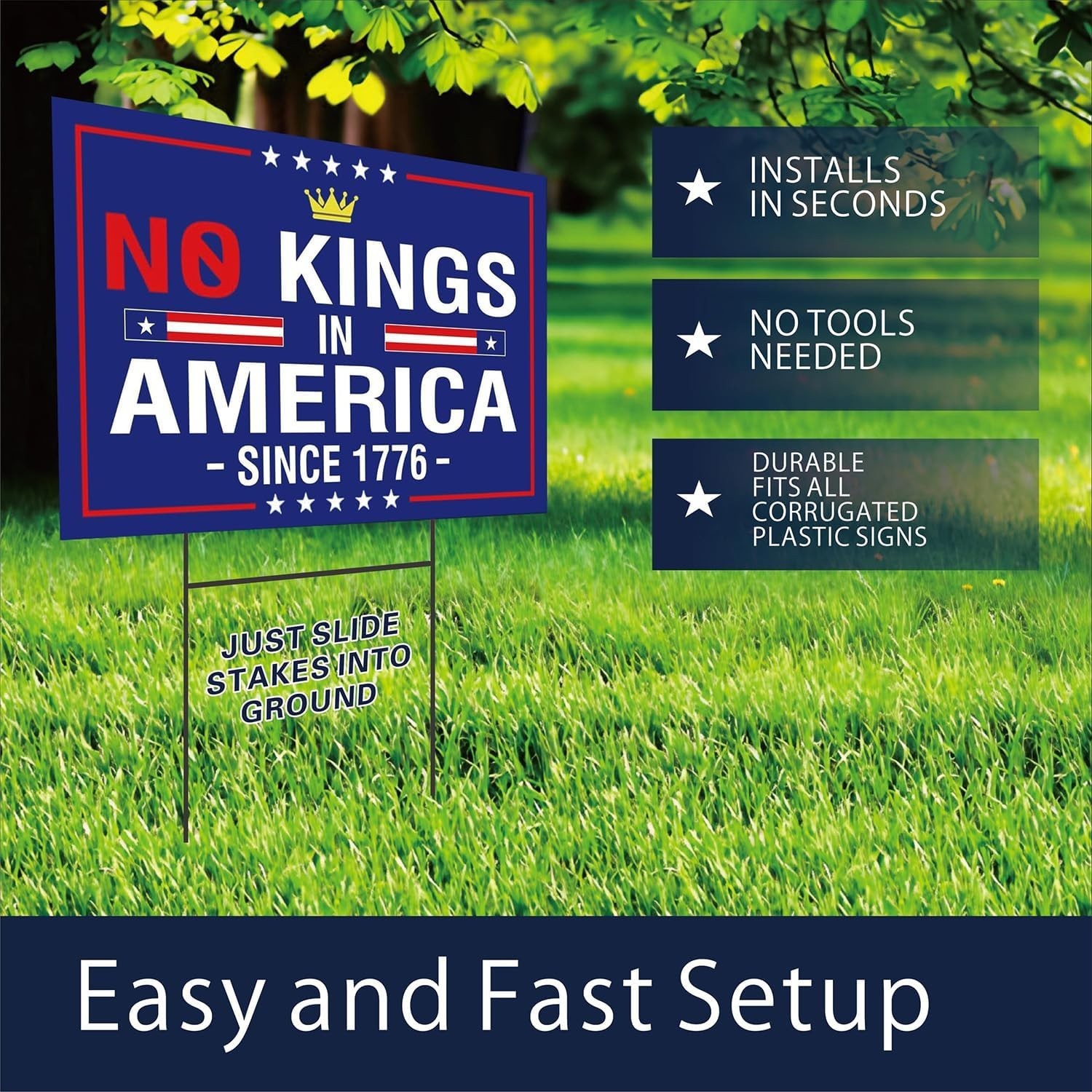 No Kings In America Lawn Sign – Bold Double-Sided Political Statement 18×12