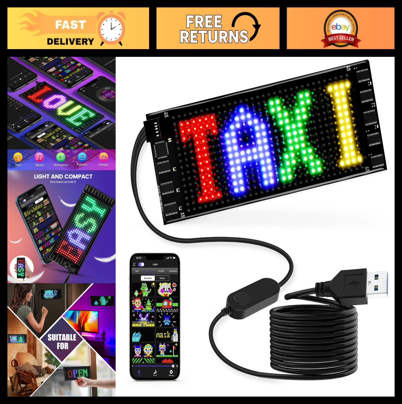 DIY Programmable LED Car Sign – 7”x3” Bluetooth Scrolling Display for Parties