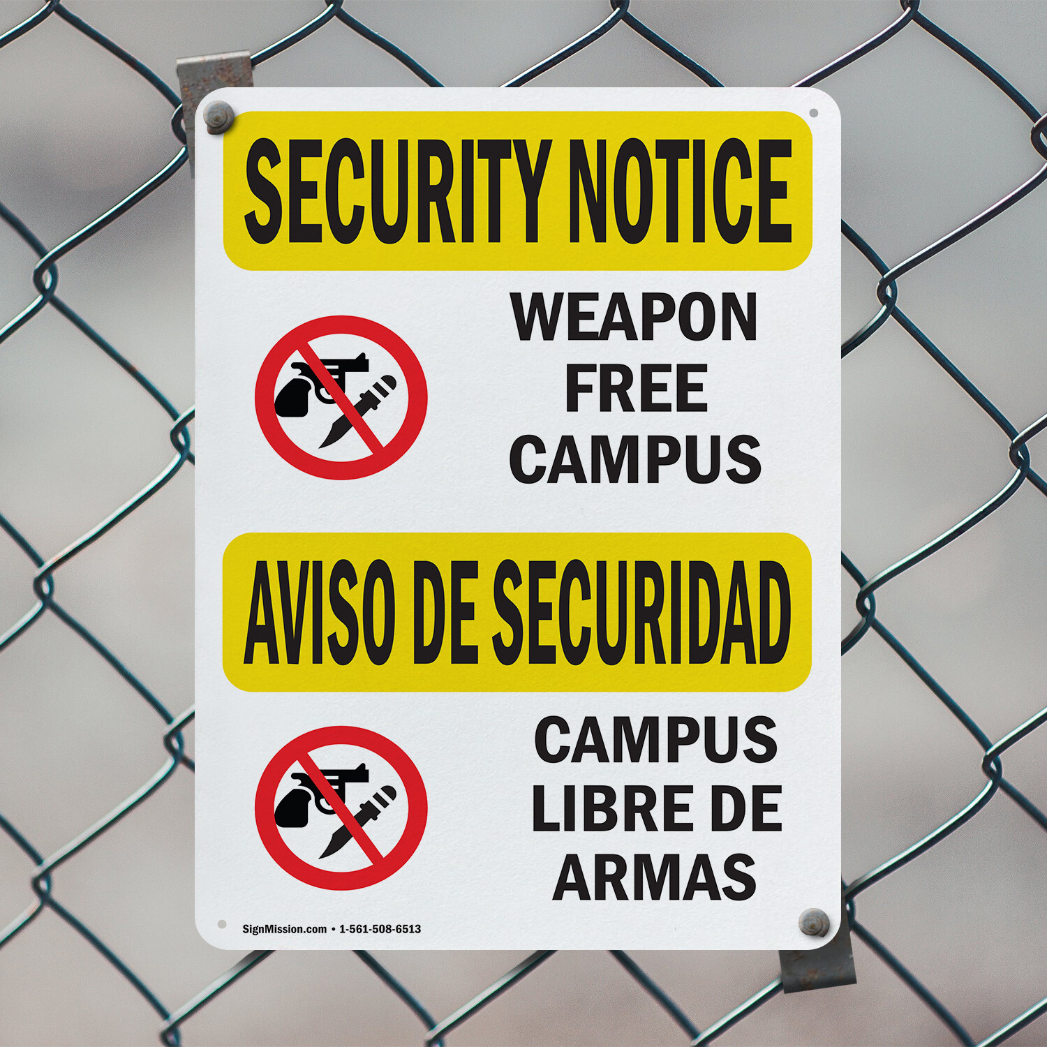 (2 Pack) Weapon Free Campus Bilingual OSHA Security Notice Sign Decal Metal