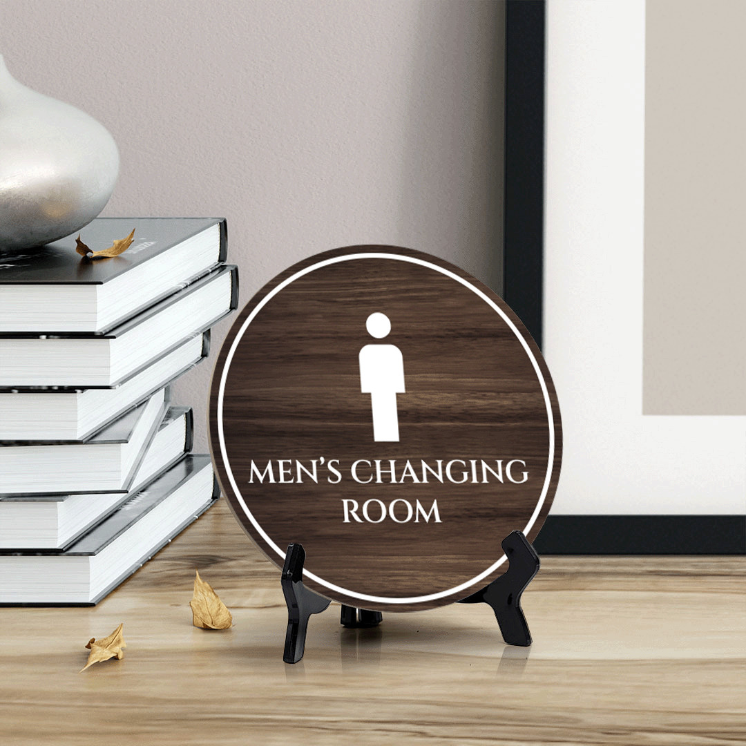 Men’s Changing Room Circle Table Sign with Acrylic Stand (5×5″)