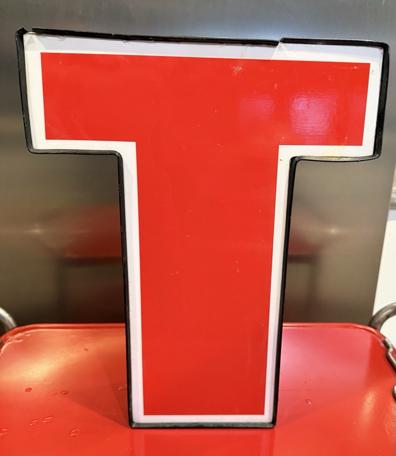 Reclaimed Commercial Marquee Letter Red “T” 16 By 13 Inch Not Wired Presently