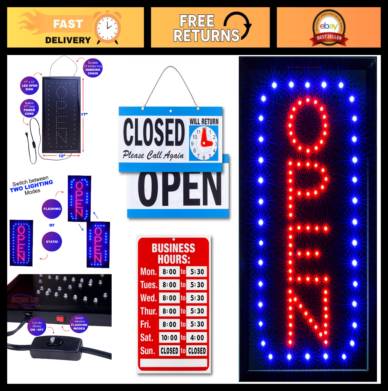 Bright Neon Open Sign for Business – Vertical LED Display with Flashing Mode, Ho
