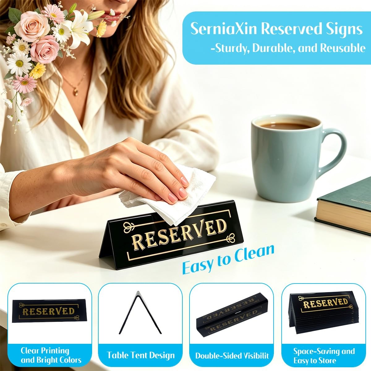 10PCS Acrylic Reserved Table Signs – 6x2x1.6 in Table Tent – Double-Sided, Wa