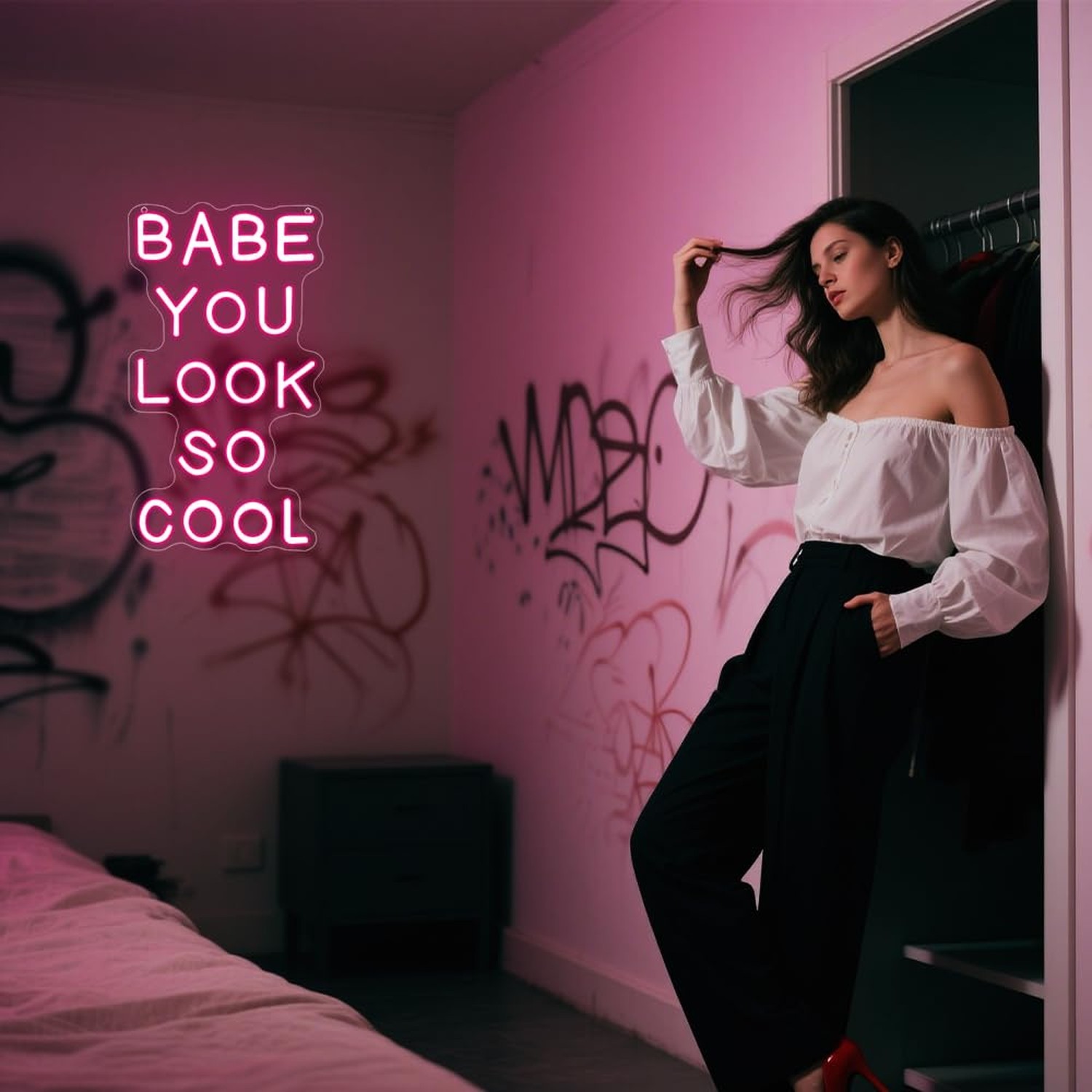 Babe You Look So Cool Neon Sign,Pink Dimmable LED Light Signs for Wall Art De…