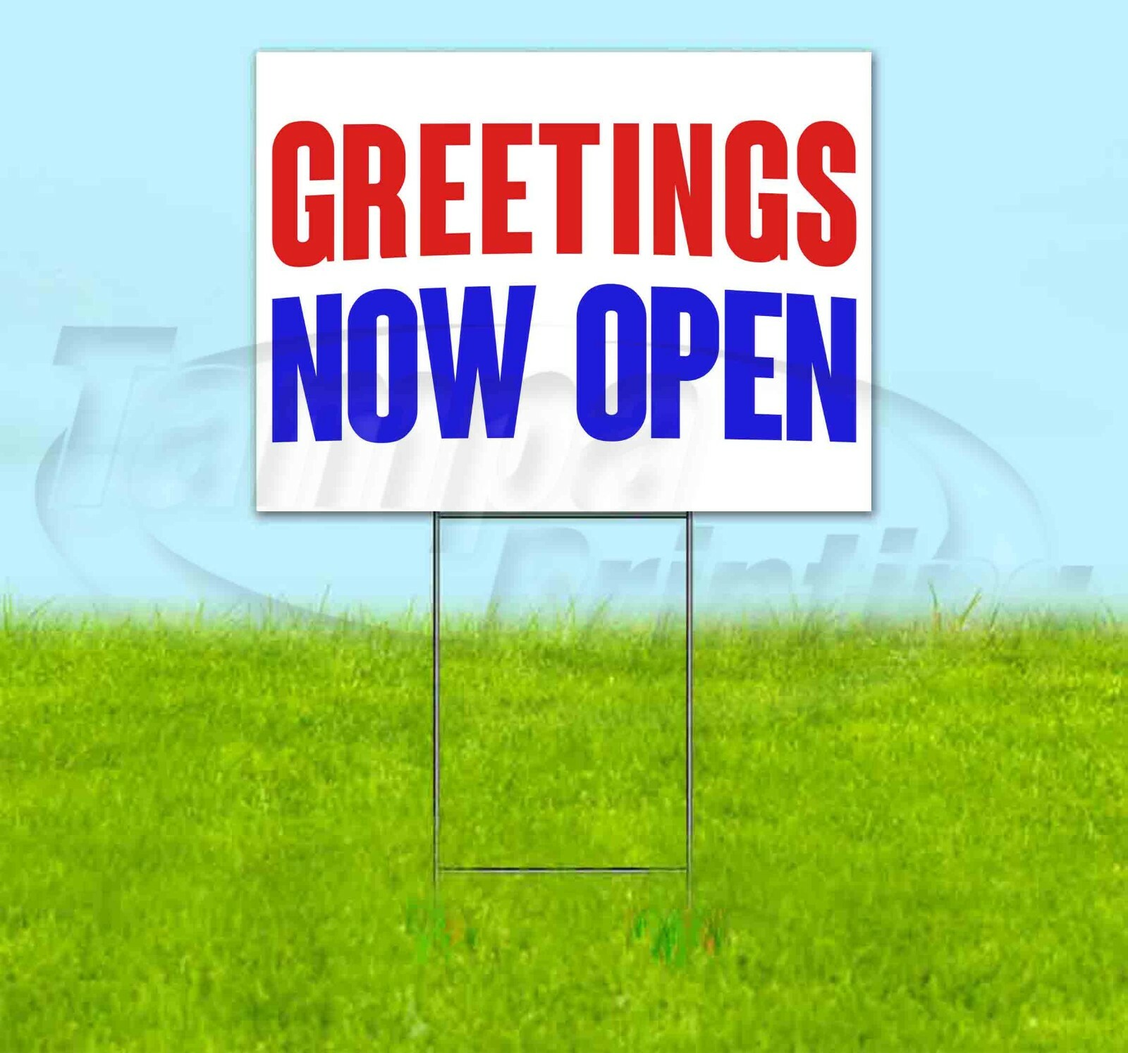 GREETINGS NOW OPEN Yard Sign Corrugated Plastic Bandit Lawn Decoration USA