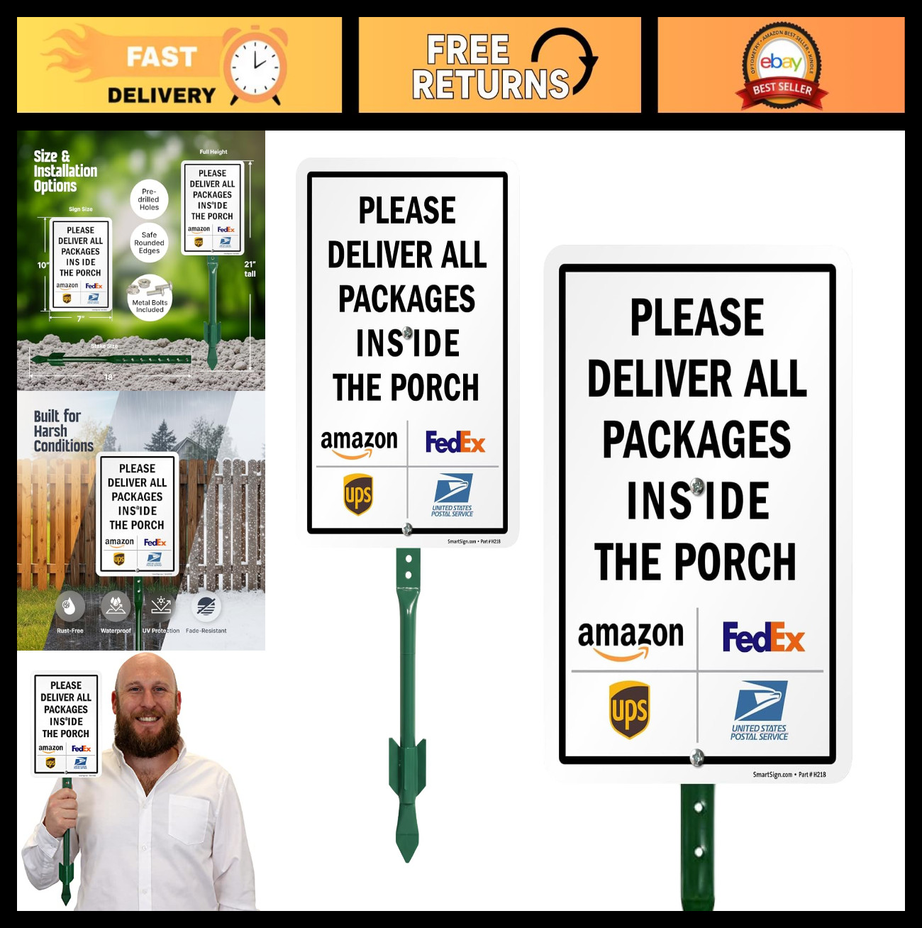 10×7 Metal Sign ‘Please Deliver All Packages Inside The Porch’ – Rustproof Alumi
