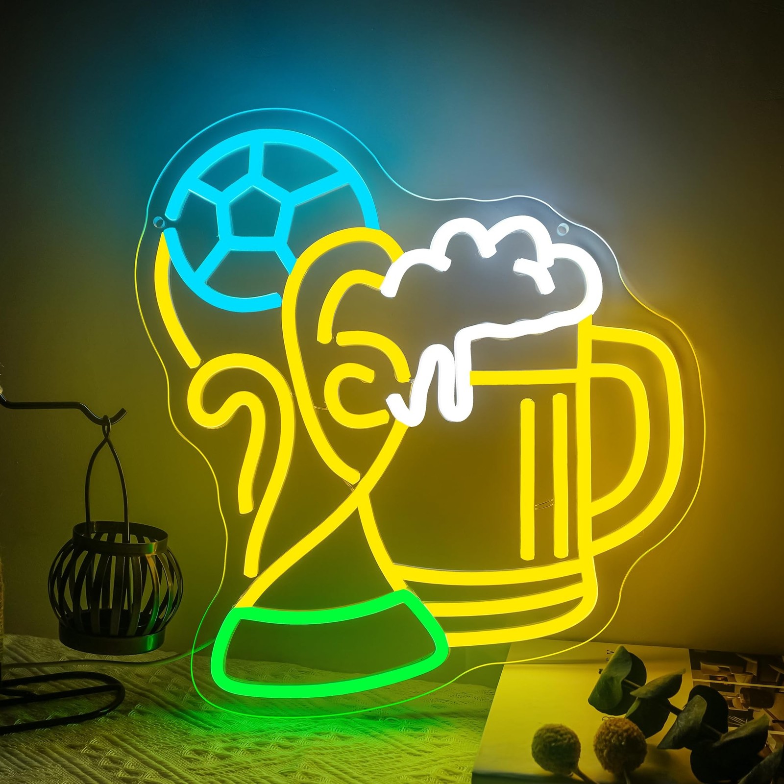 Soccer Beer Cup Neon Sign, Dimmable World Football LED Neon Light for Fans, S…