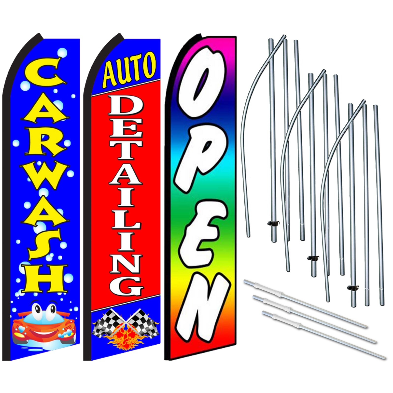 Car Wash, Auto Detailing, Open – 3 Pack of Swooper Feather Flag Kits