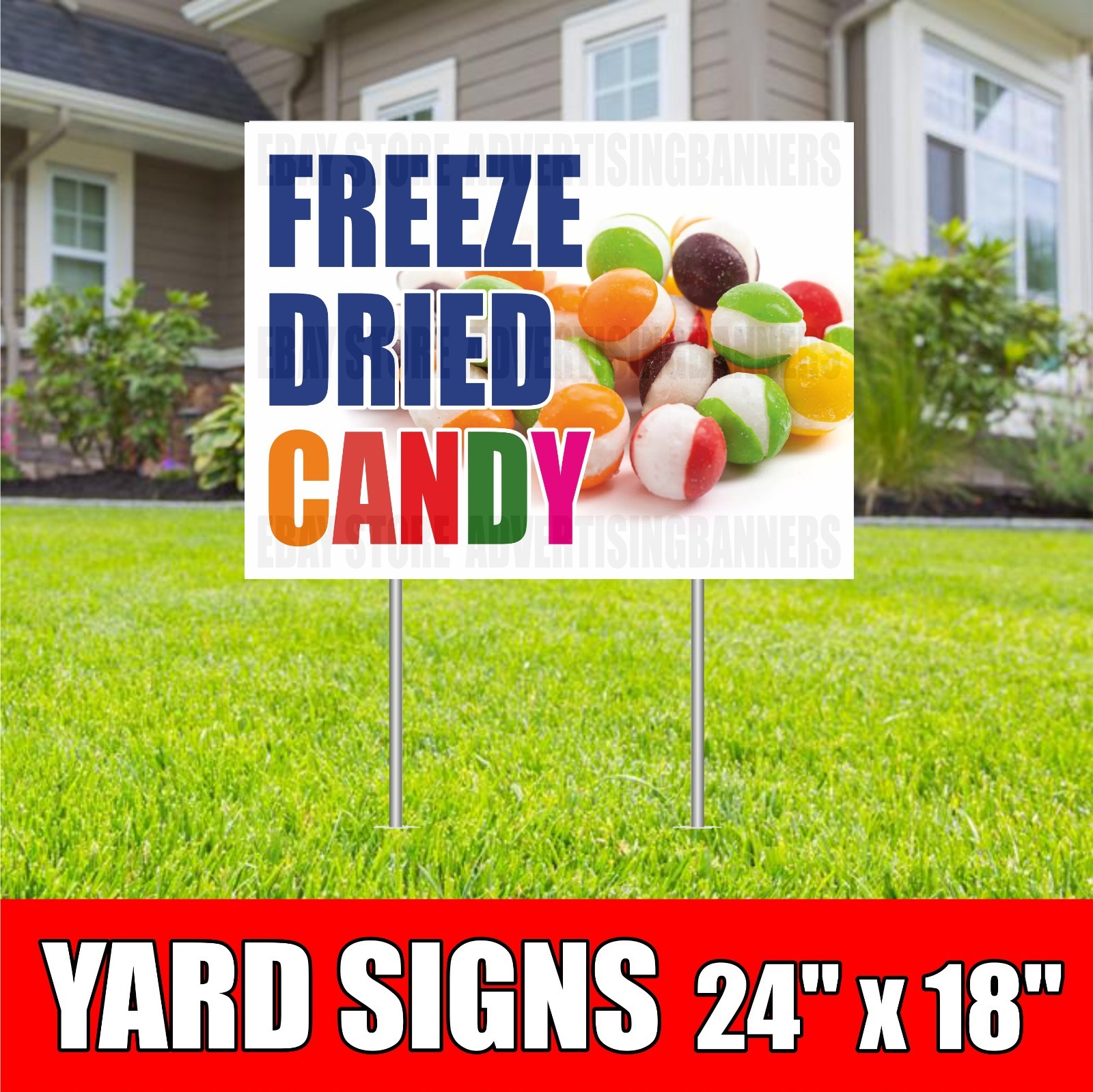FREEZE DRIED CANDY Yard Sign with H-Stakes Carnival Fair Food Sweets Shop