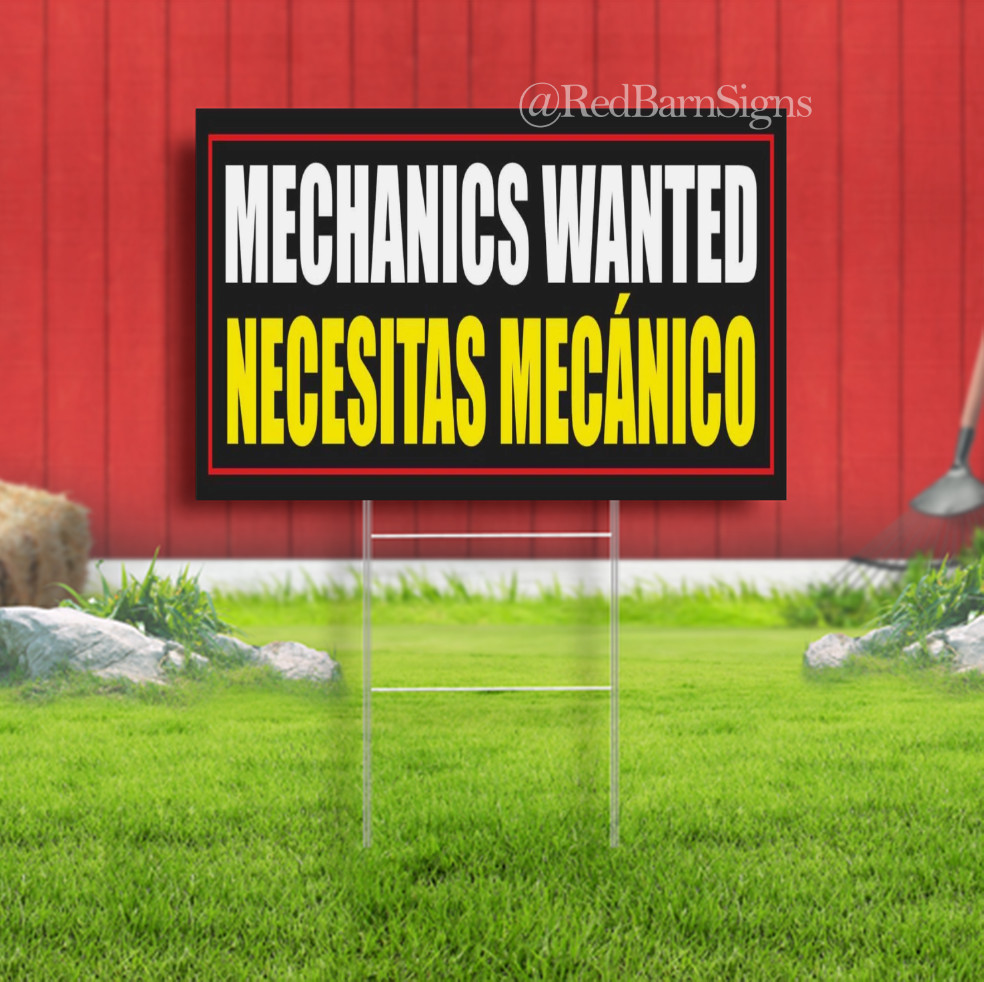 MECHANICS WANTED NECESITAS MECÁNICO Garage Indoor Outdoor Yard Sign with metal