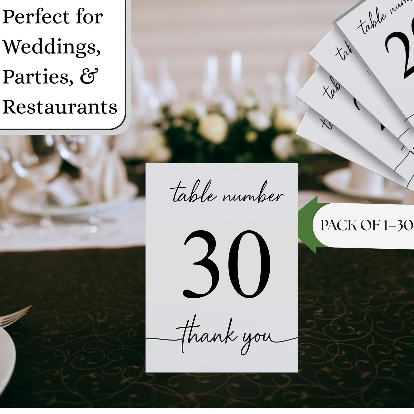 Wedding Table Numbers 1-30 Double Sided Printed Premium Cardstock Elegant