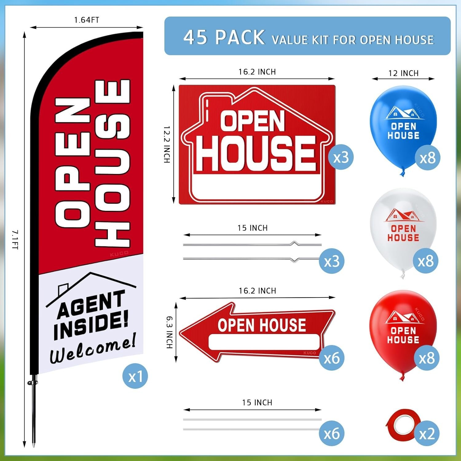 Open House Signs Kit (45 Pcs), 1 Pack Open House Flag, 9 Pack Open House Signs f