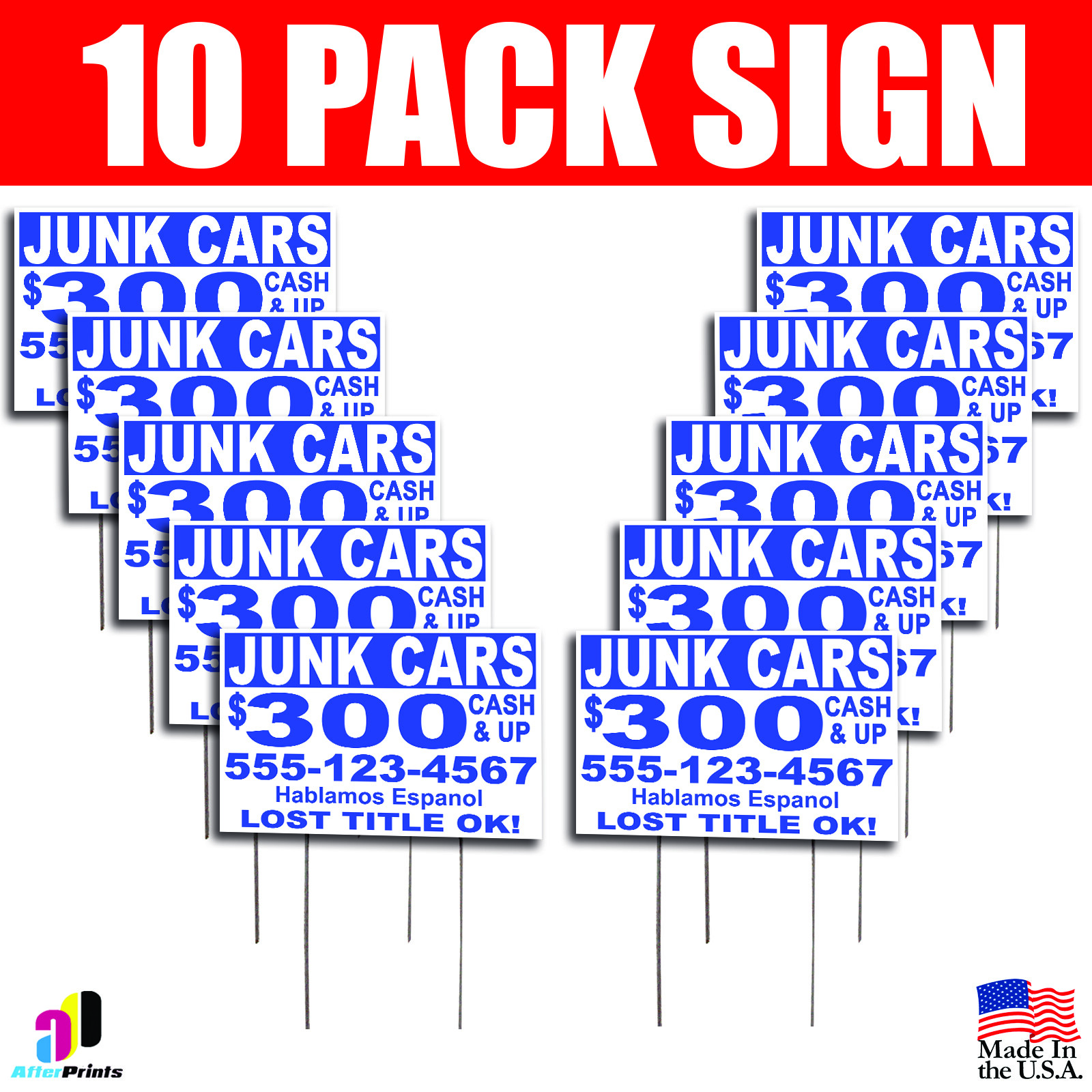 10X Junk Cars $300 Cash & Up Signs with Your Phone Number Yard Bandit Sign