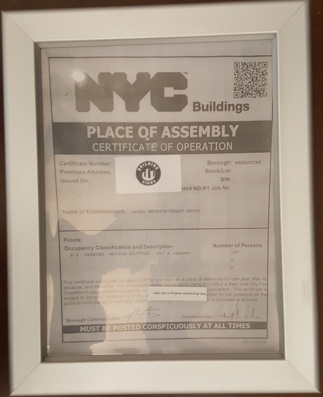 NYC PLACE OF ASSEMBLY CERTIFICATE OF OPERATION FRAME-REF24-1027
