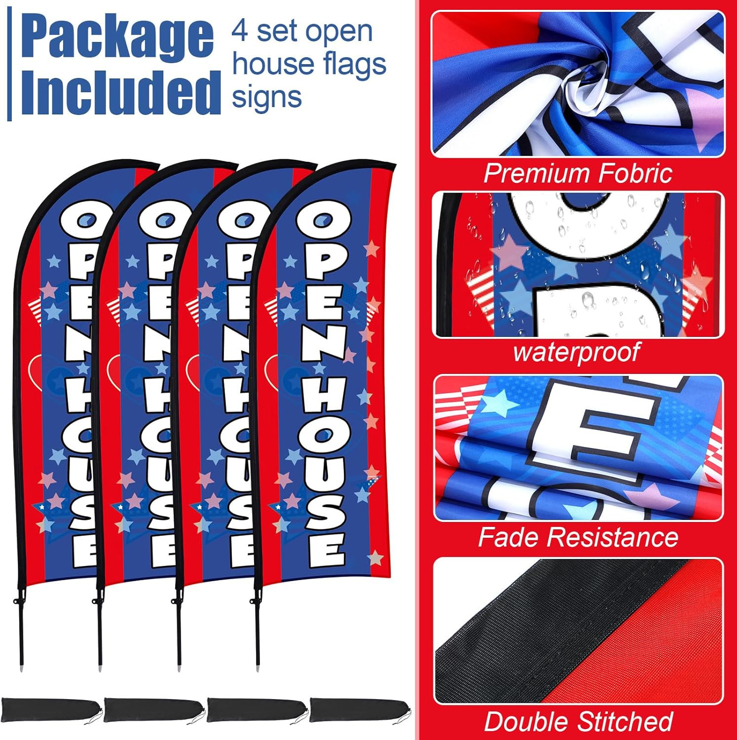4 Pack Real Estate Open House Feather Flags with Poles & Stakes – Blue/Red