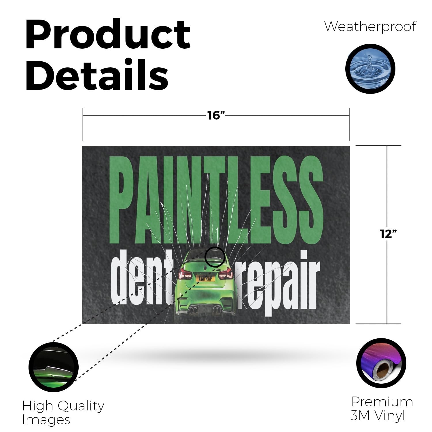 Paintless Dent Repair Vinyl Decal 12 Inch x 16 Inch Weatherproof Heavy-Duty A…