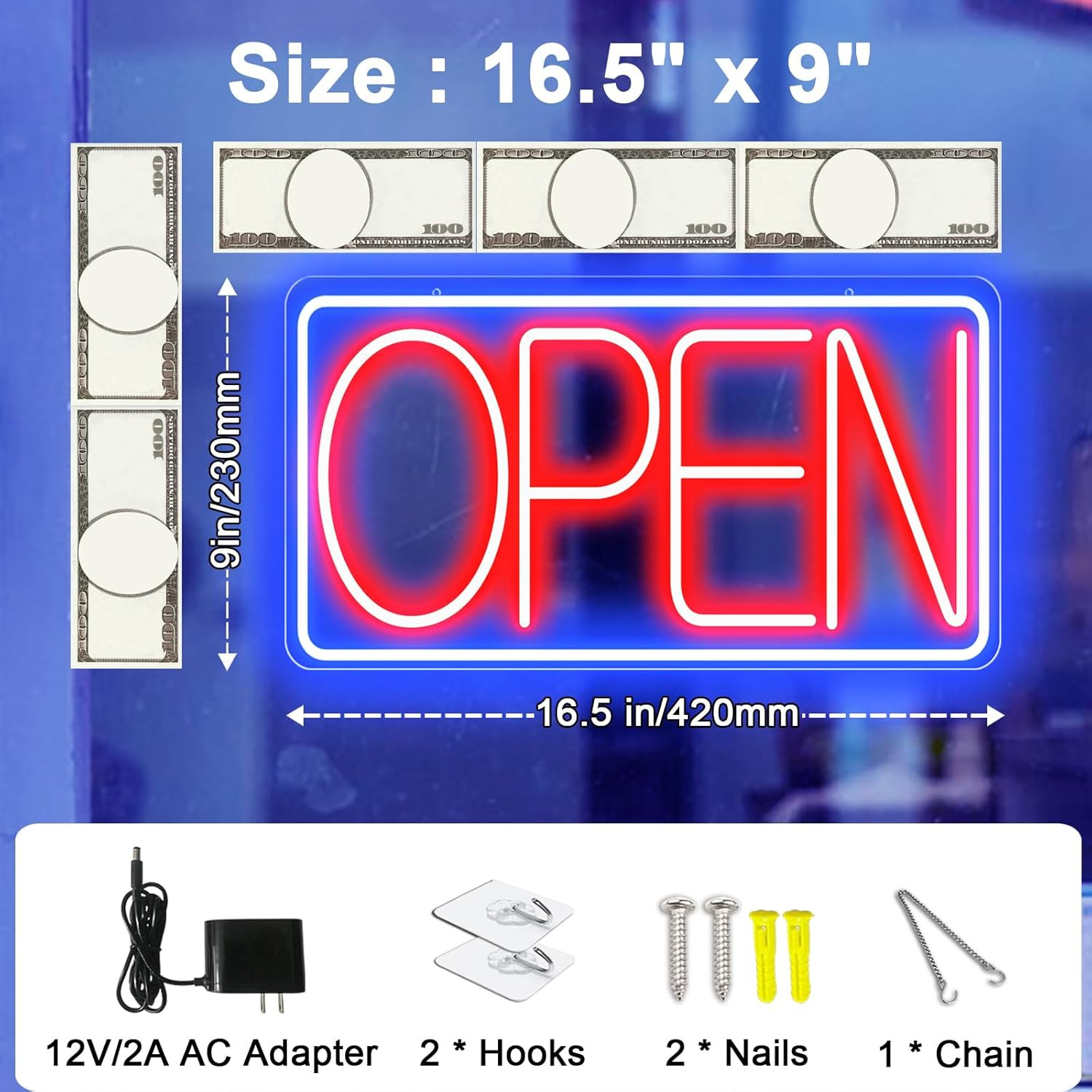 16 5″ x 9″ LED Neon Open Sign Plug In Light with On Off Switch Horizontal